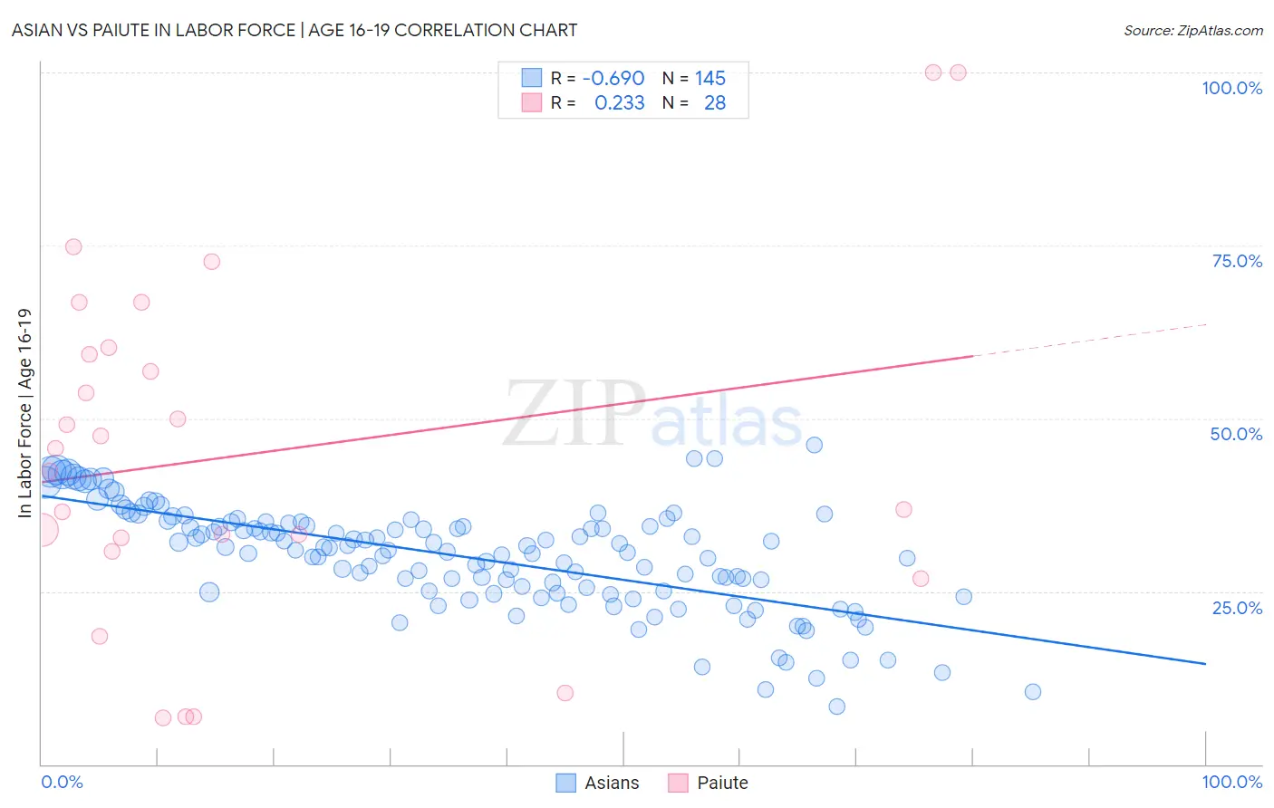 Asian vs Paiute In Labor Force | Age 16-19