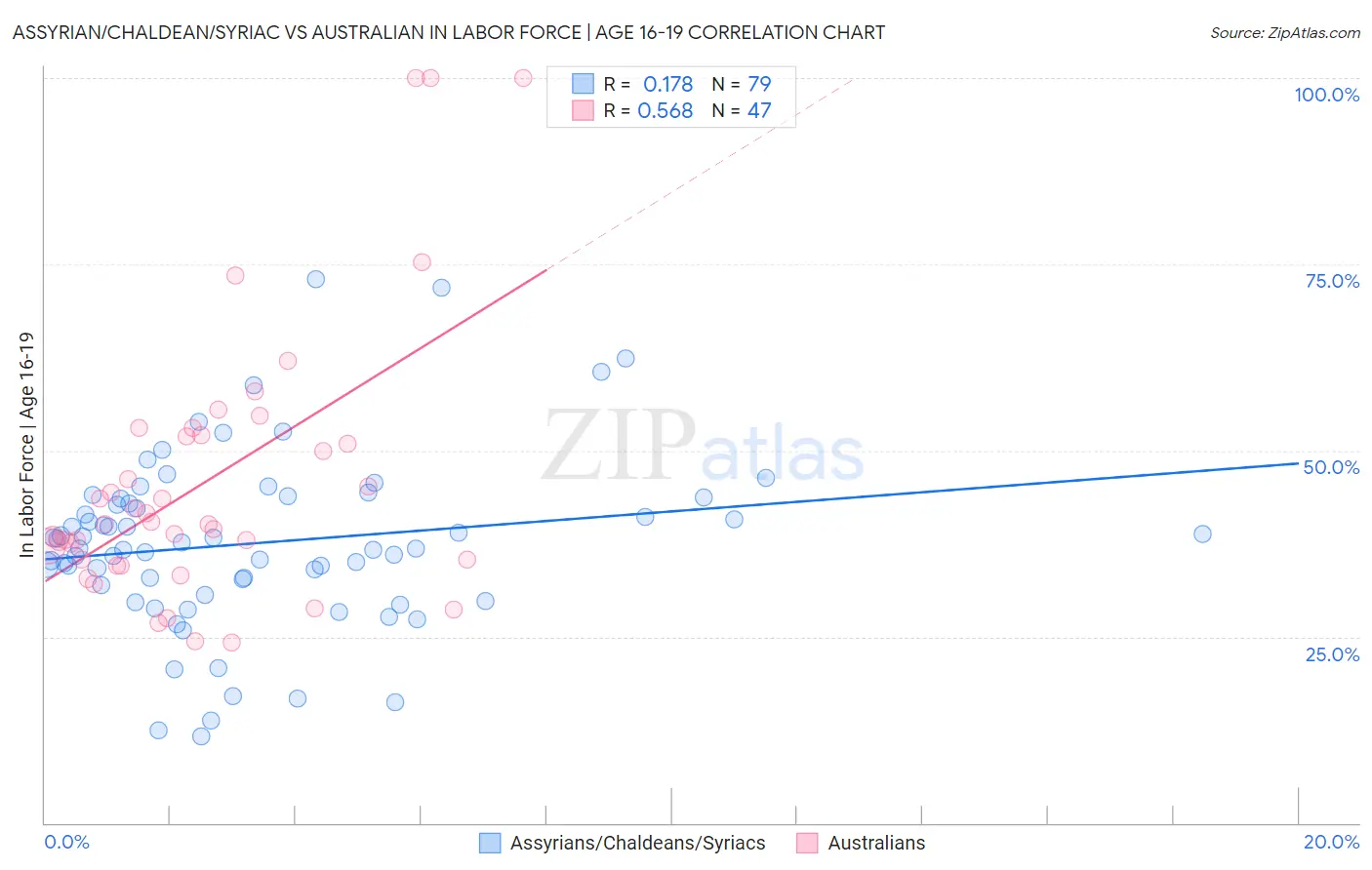 Assyrian/Chaldean/Syriac vs Australian In Labor Force | Age 16-19