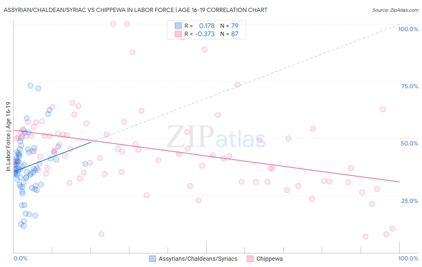 Assyrian/Chaldean/Syriac vs Chippewa In Labor Force | Age 16-19