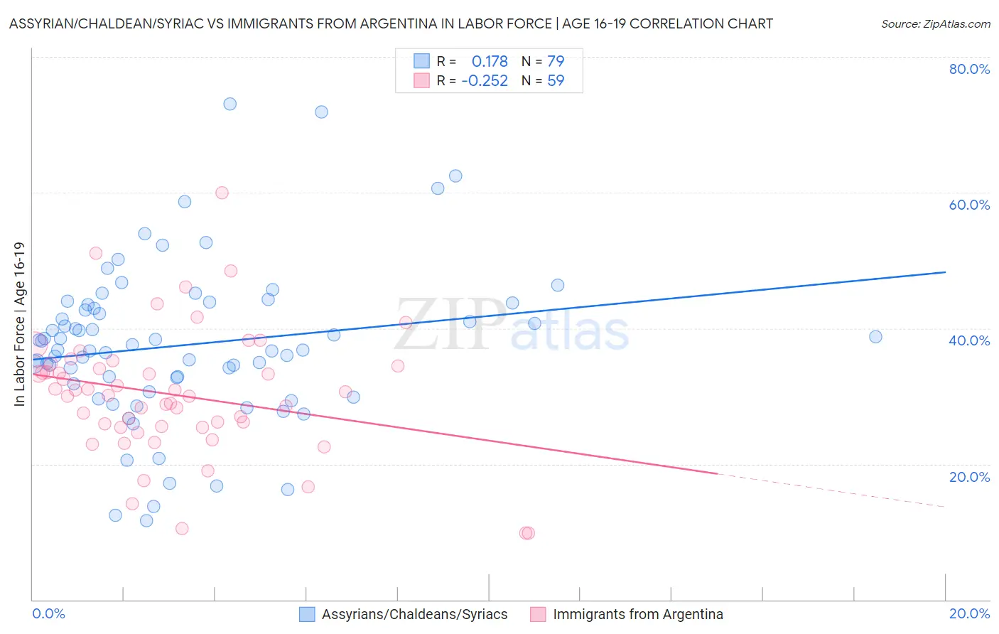 Assyrian/Chaldean/Syriac vs Immigrants from Argentina In Labor Force | Age 16-19