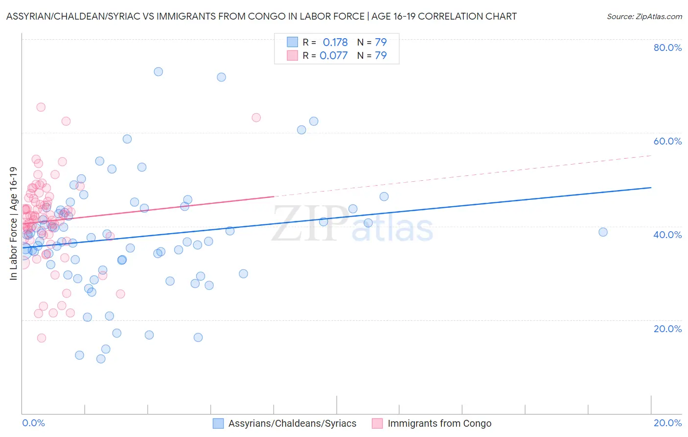 Assyrian/Chaldean/Syriac vs Immigrants from Congo In Labor Force | Age 16-19