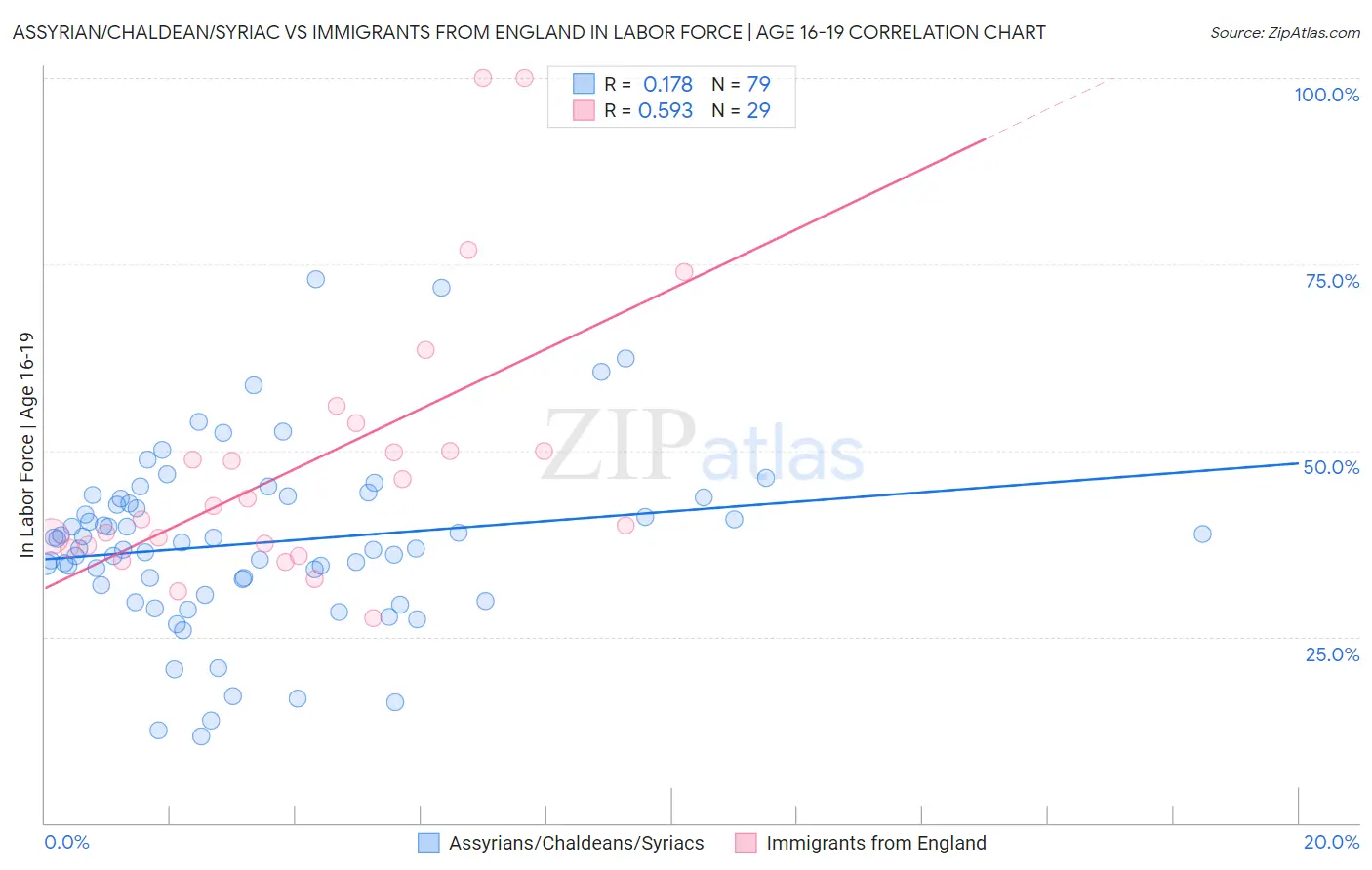 Assyrian/Chaldean/Syriac vs Immigrants from England In Labor Force | Age 16-19