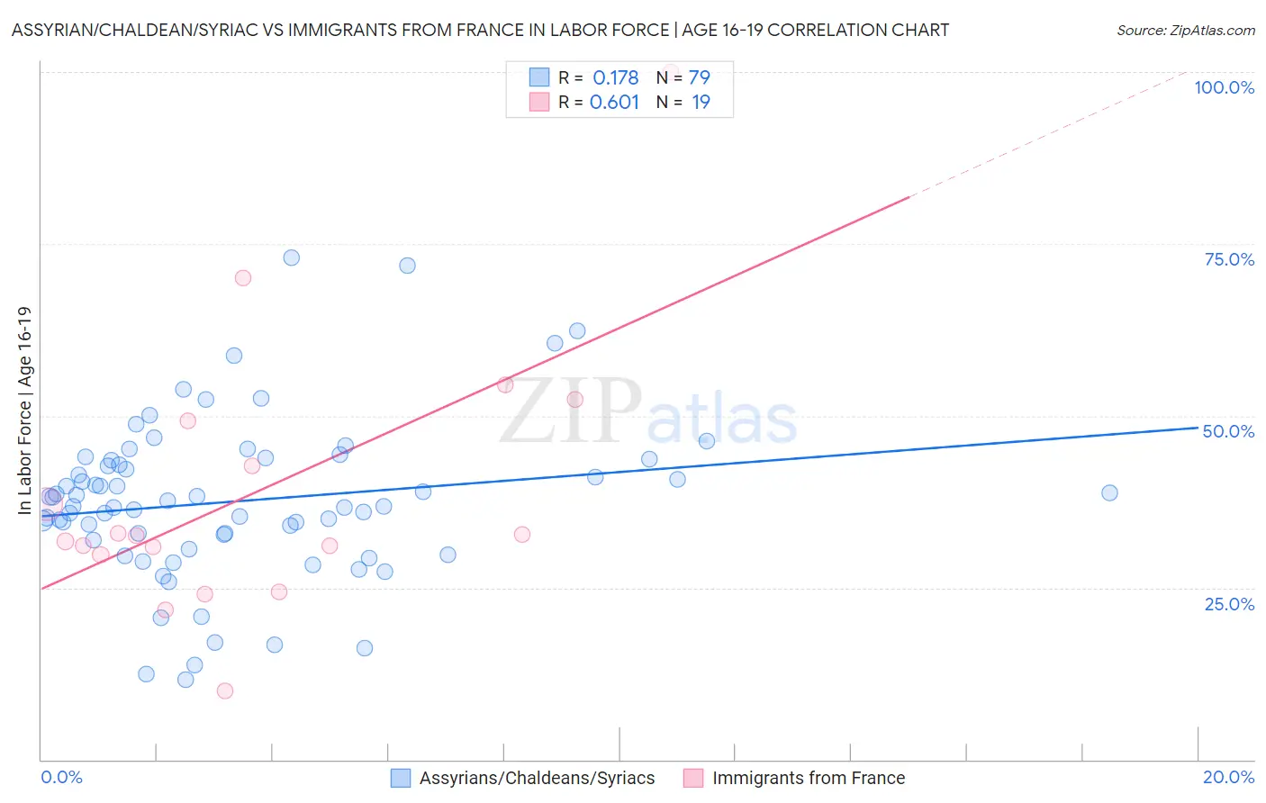 Assyrian/Chaldean/Syriac vs Immigrants from France In Labor Force | Age 16-19
