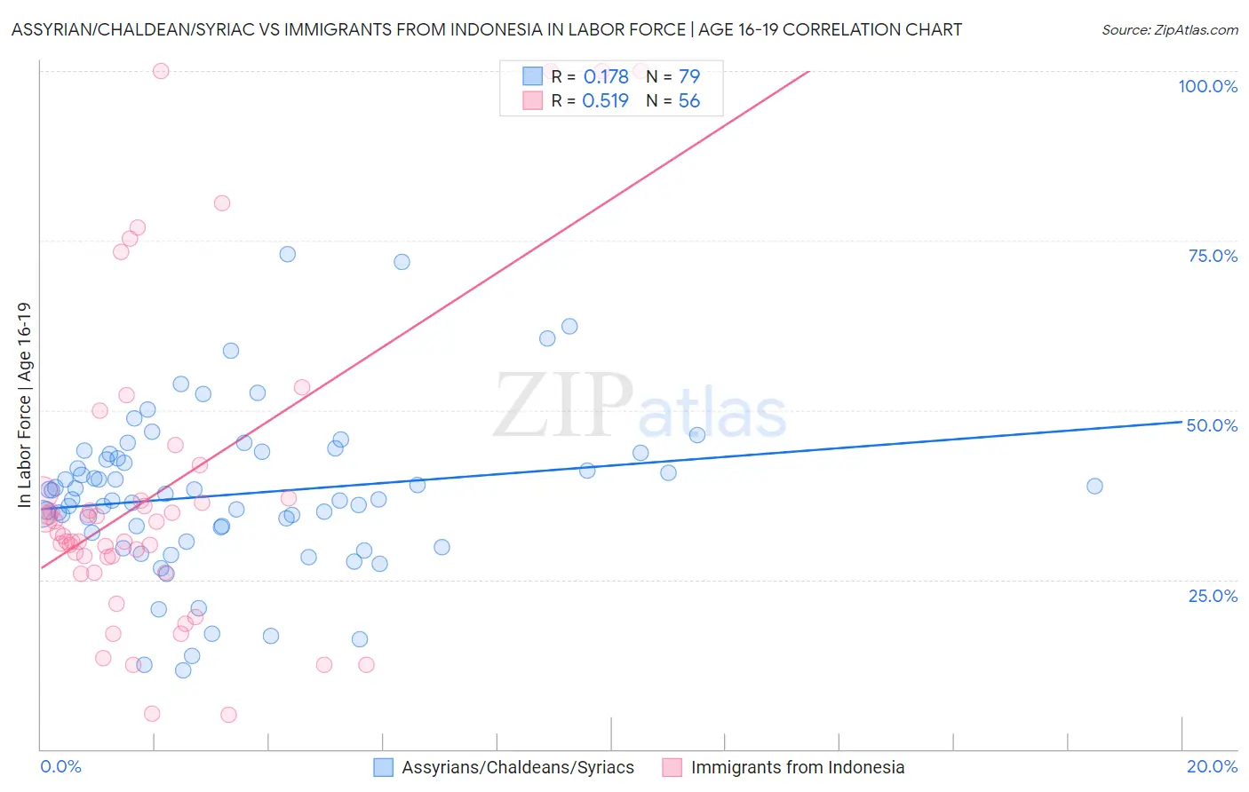 Assyrian/Chaldean/Syriac vs Immigrants from Indonesia In Labor Force | Age 16-19