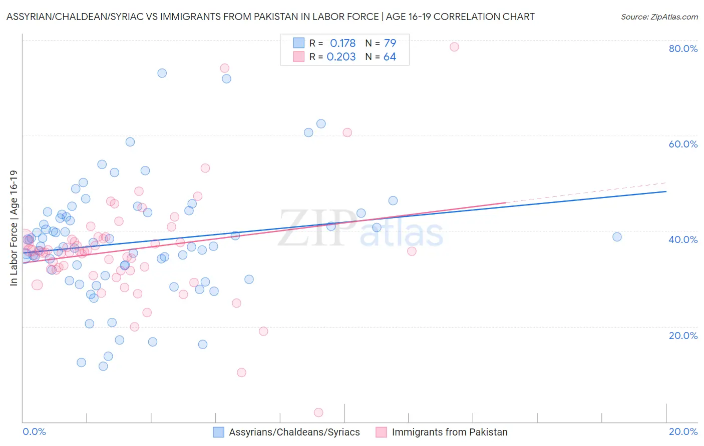 Assyrian/Chaldean/Syriac vs Immigrants from Pakistan In Labor Force | Age 16-19