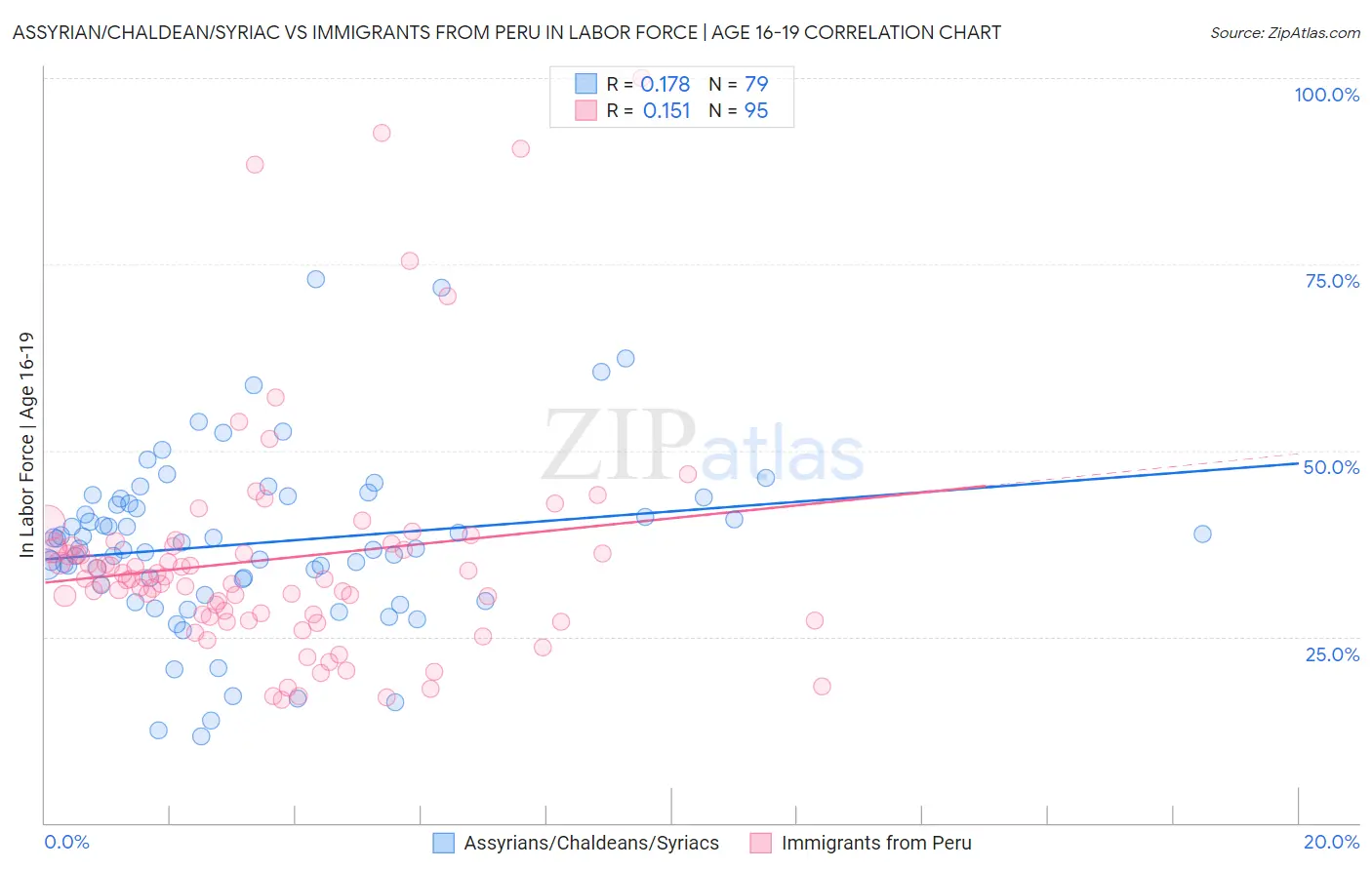 Assyrian/Chaldean/Syriac vs Immigrants from Peru In Labor Force | Age 16-19