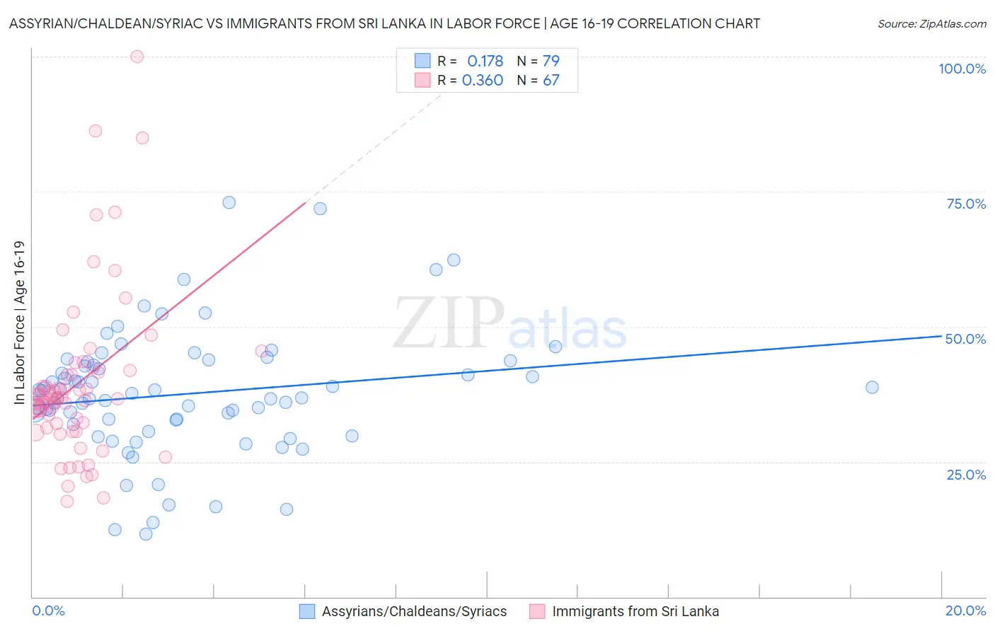 Assyrian/Chaldean/Syriac vs Immigrants from Sri Lanka In Labor Force | Age 16-19