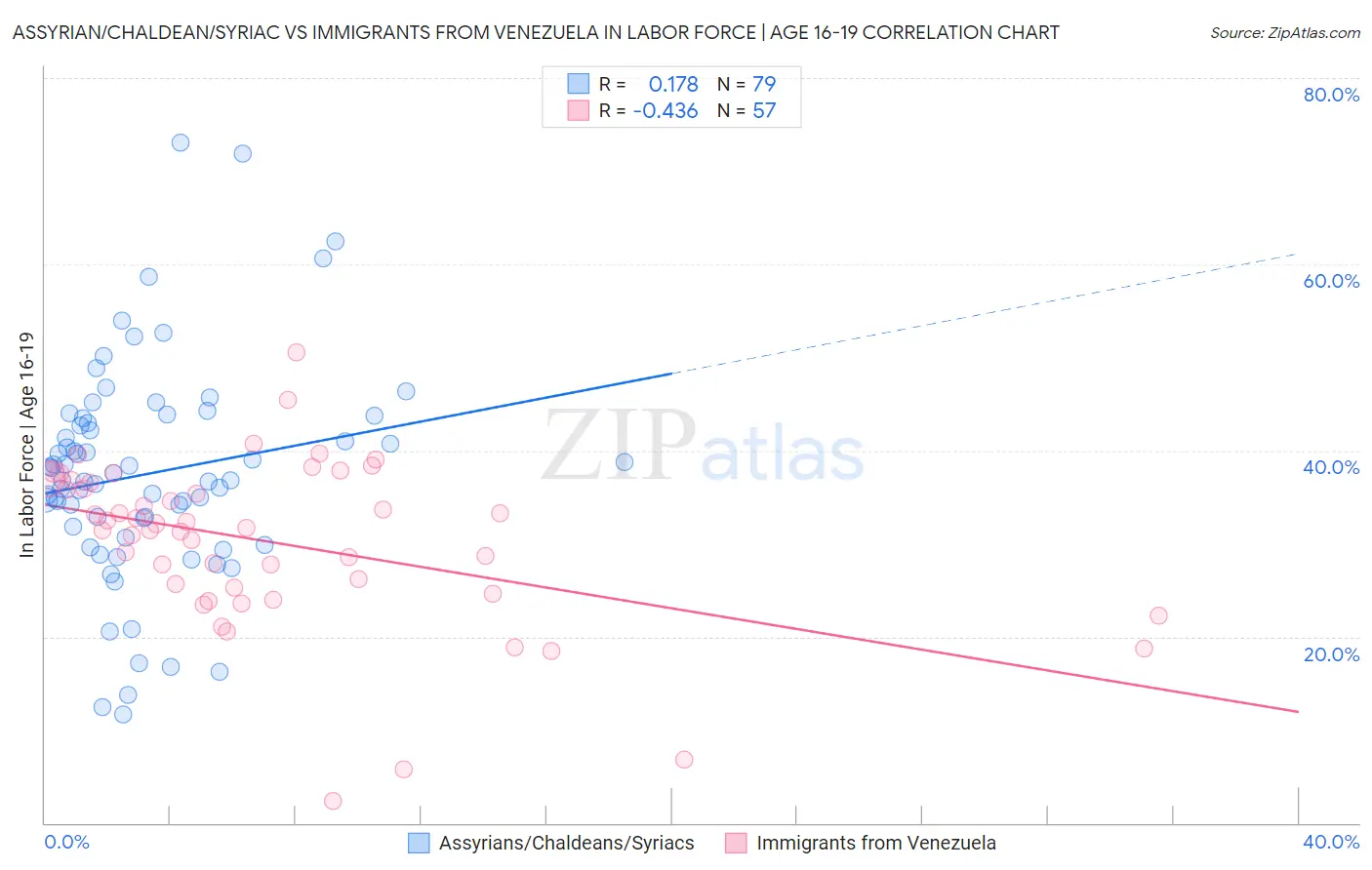 Assyrian/Chaldean/Syriac vs Immigrants from Venezuela In Labor Force | Age 16-19