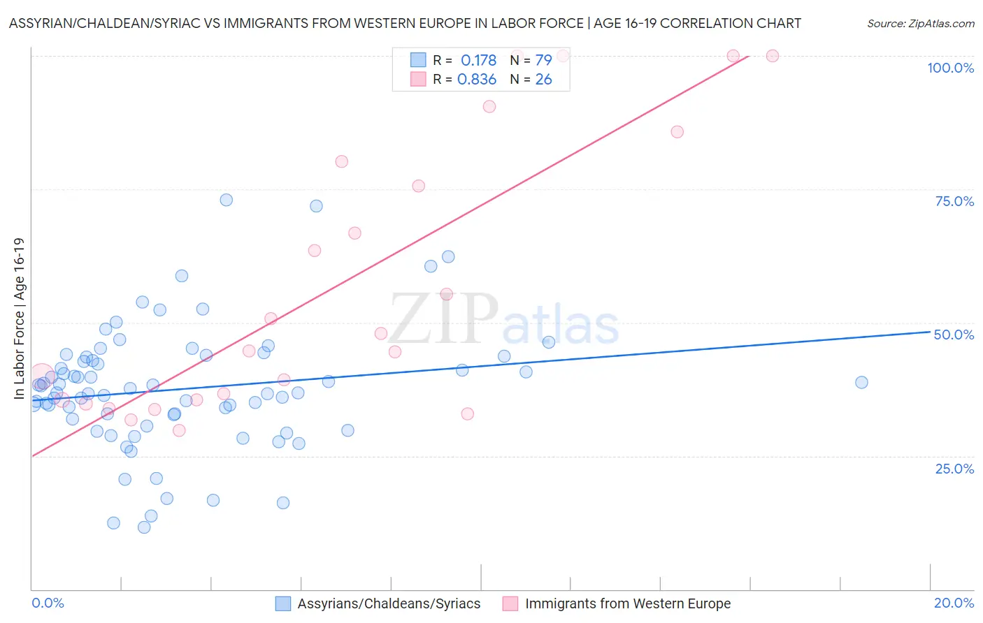 Assyrian/Chaldean/Syriac vs Immigrants from Western Europe In Labor Force | Age 16-19