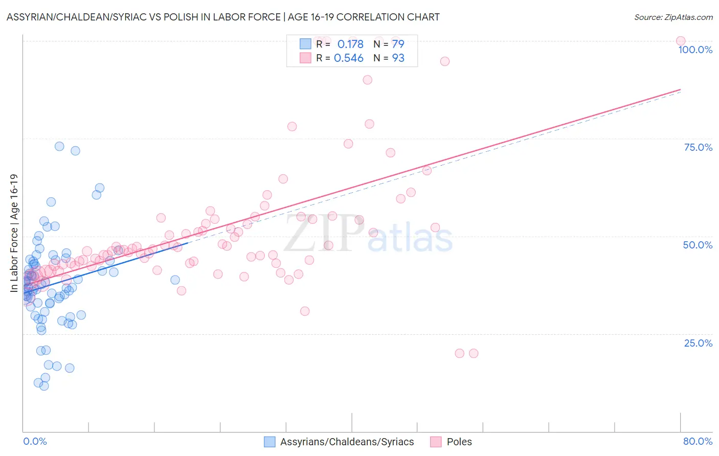Assyrian/Chaldean/Syriac vs Polish In Labor Force | Age 16-19