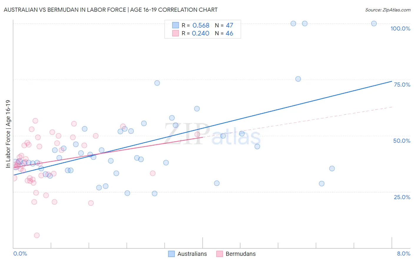 Australian vs Bermudan In Labor Force | Age 16-19
