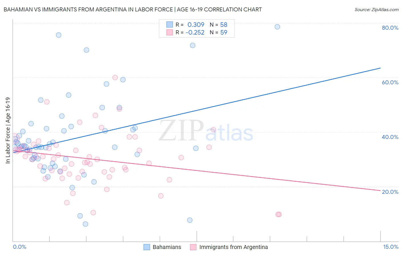 Bahamian vs Immigrants from Argentina In Labor Force | Age 16-19