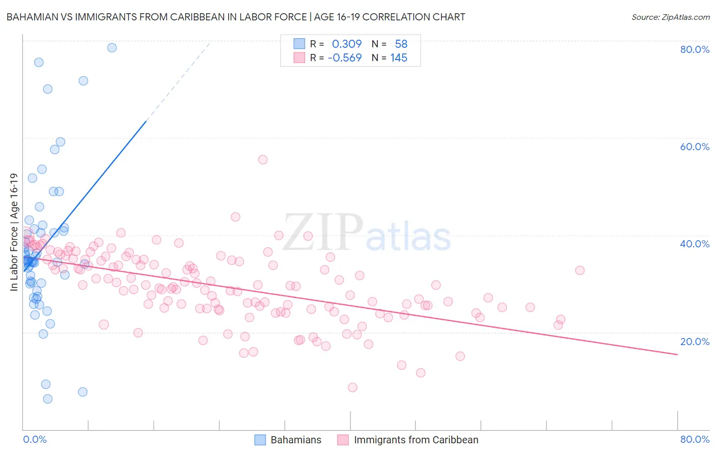 Bahamian vs Immigrants from Caribbean In Labor Force | Age 16-19