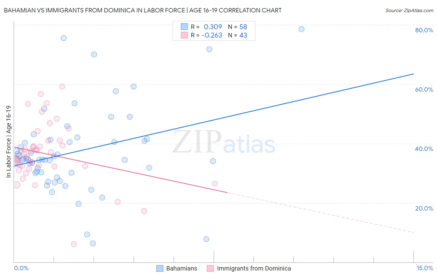 Bahamian vs Immigrants from Dominica In Labor Force | Age 16-19