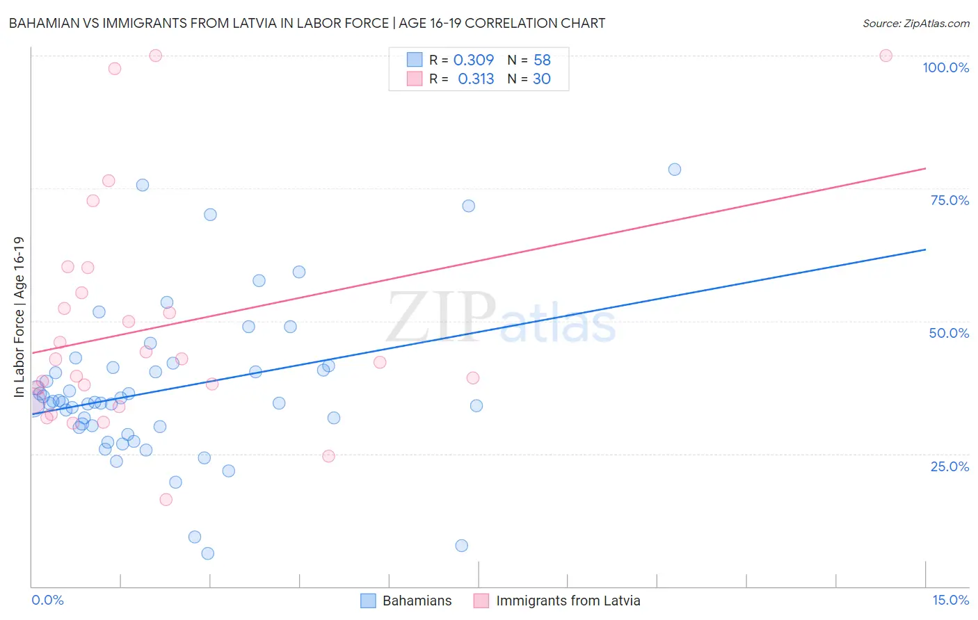 Bahamian vs Immigrants from Latvia In Labor Force | Age 16-19