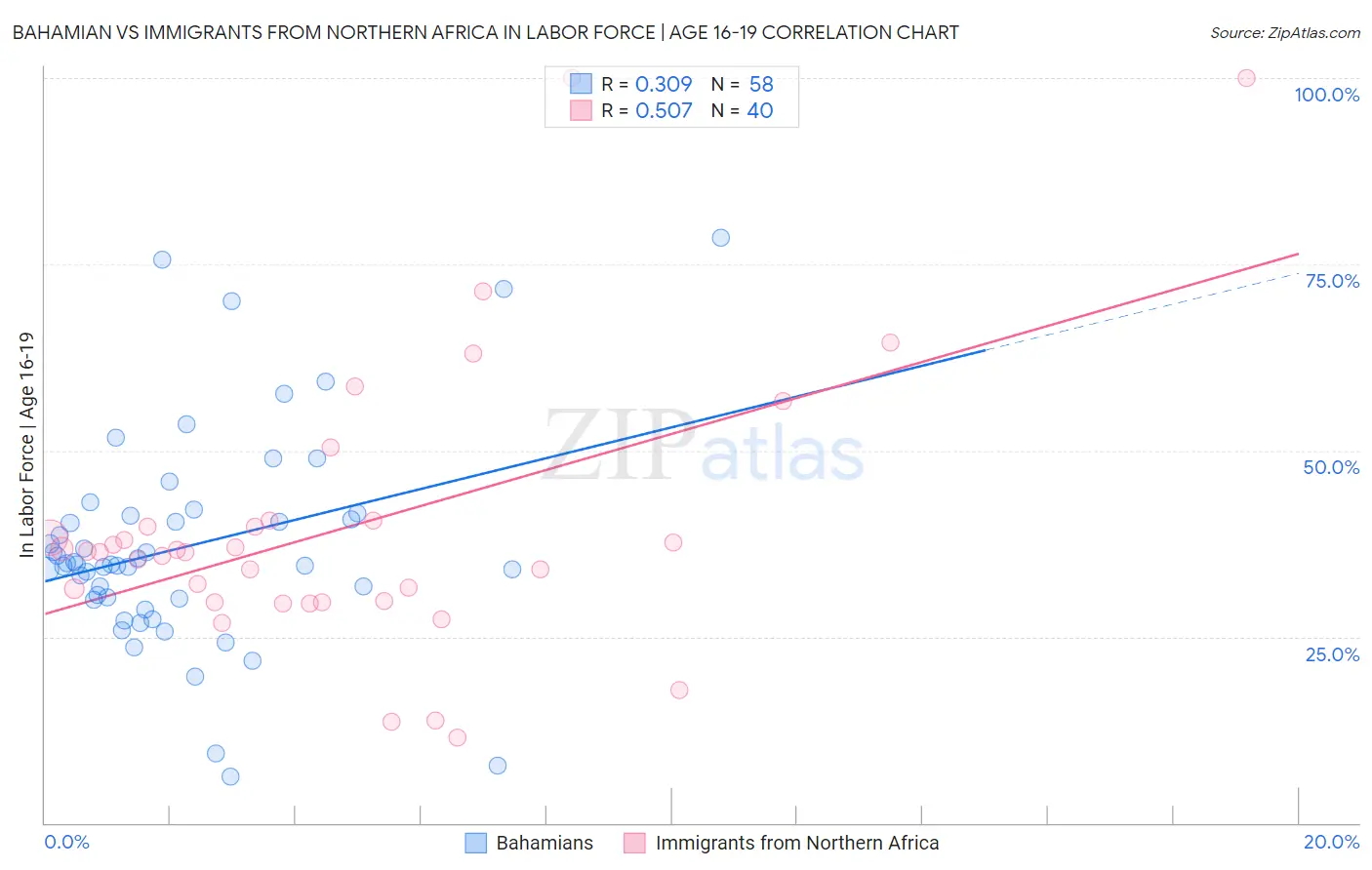 Bahamian vs Immigrants from Northern Africa In Labor Force | Age 16-19