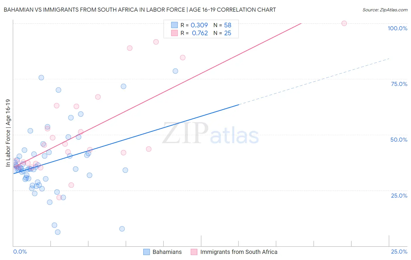 Bahamian vs Immigrants from South Africa In Labor Force | Age 16-19