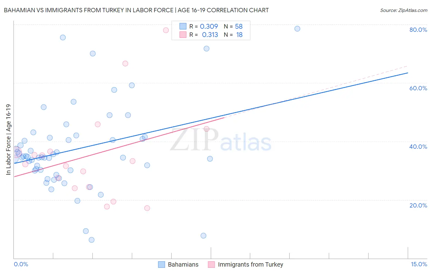 Bahamian vs Immigrants from Turkey In Labor Force | Age 16-19