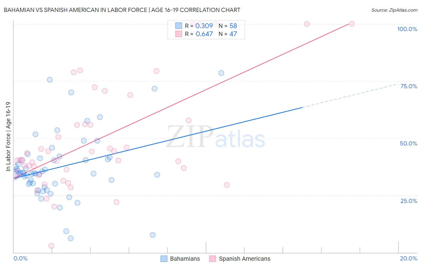 Bahamian vs Spanish American In Labor Force | Age 16-19