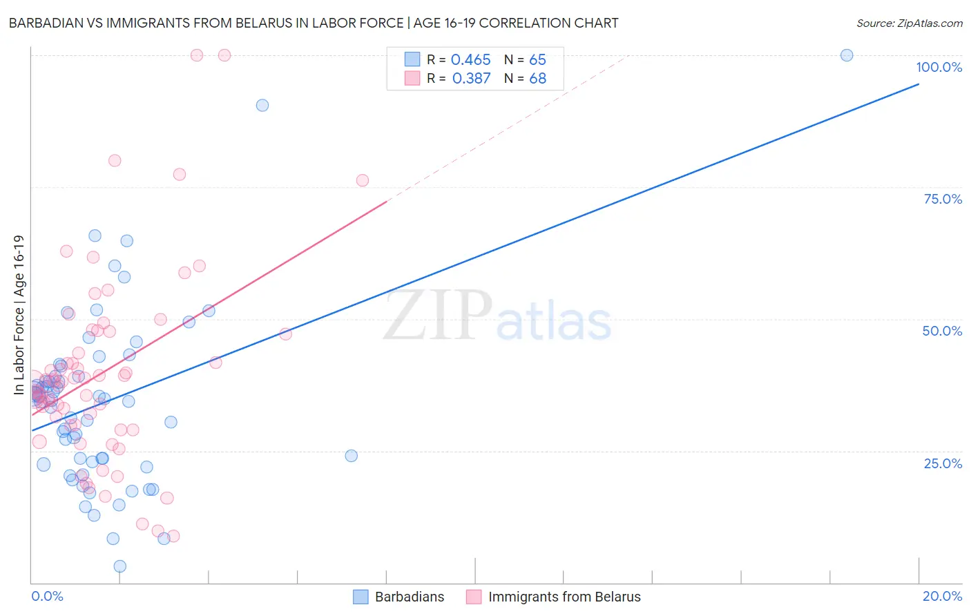 Barbadian vs Immigrants from Belarus In Labor Force | Age 16-19