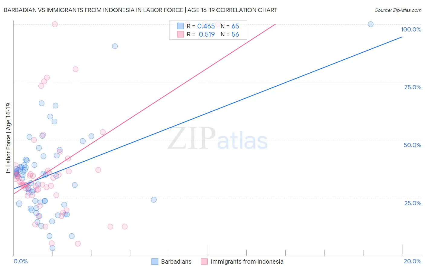 Barbadian vs Immigrants from Indonesia In Labor Force | Age 16-19