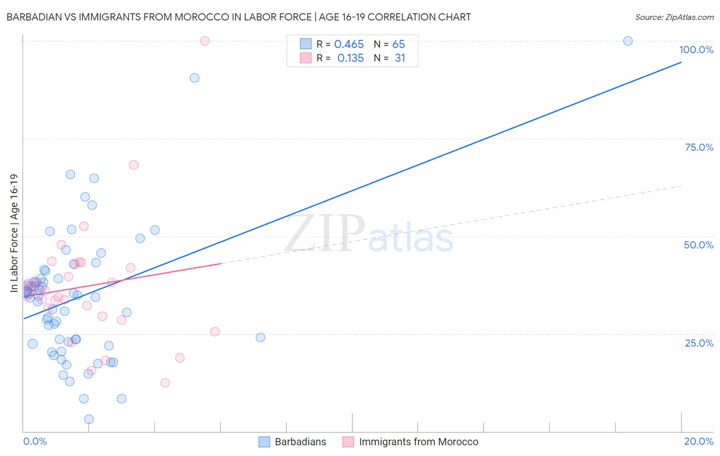 Barbadian vs Immigrants from Morocco In Labor Force | Age 16-19