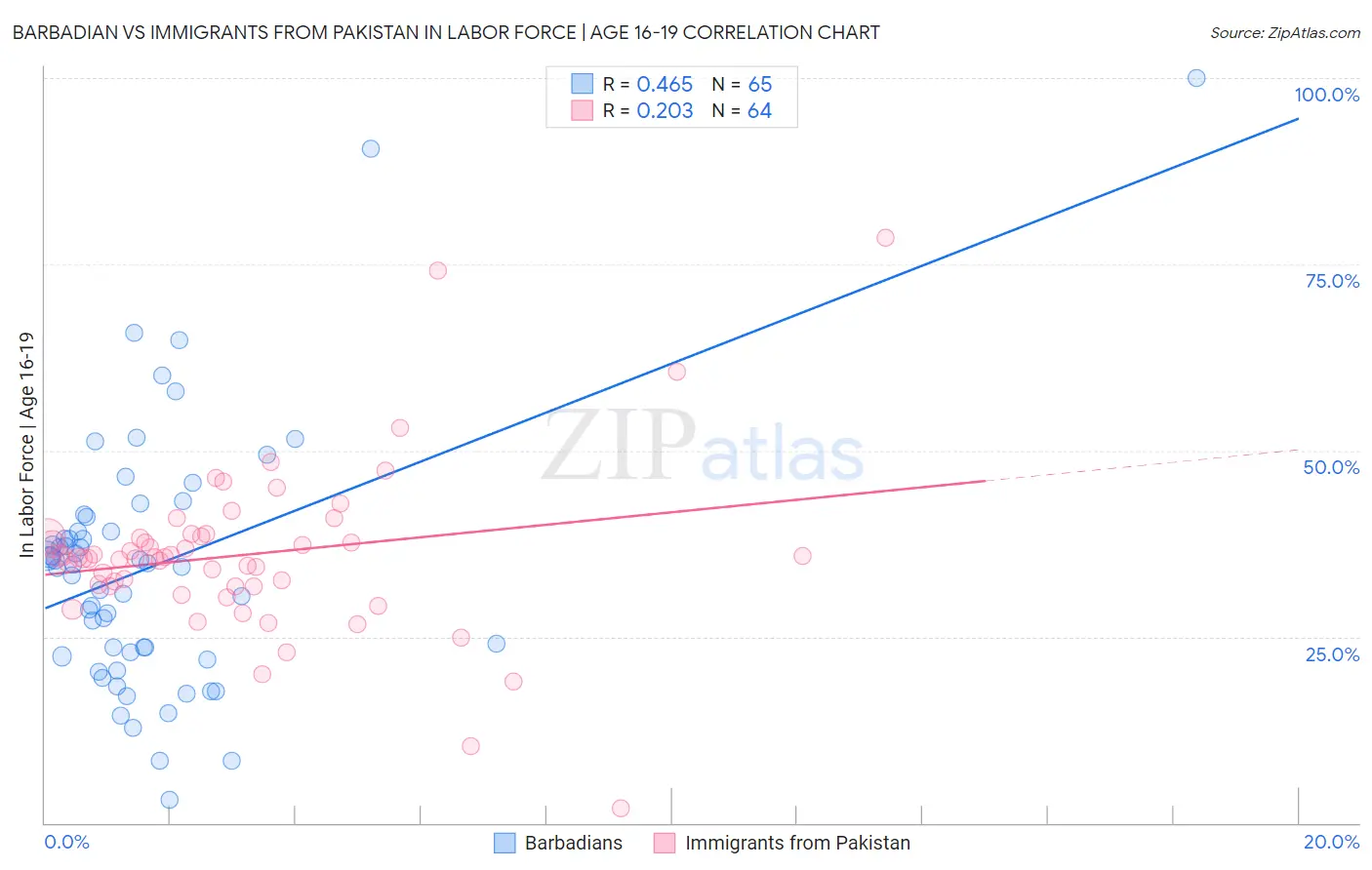 Barbadian vs Immigrants from Pakistan In Labor Force | Age 16-19