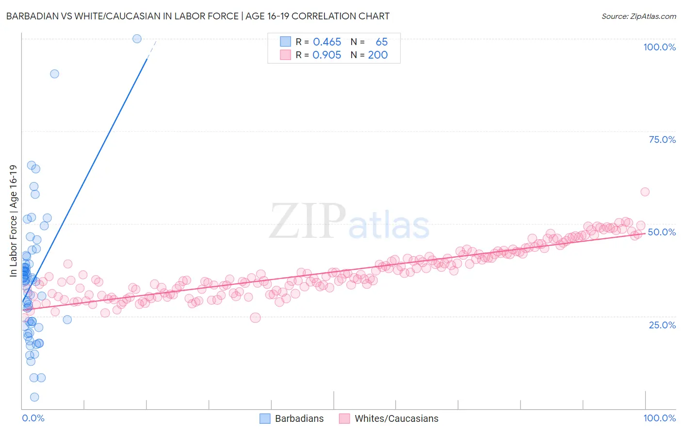 Barbadian vs White/Caucasian In Labor Force | Age 16-19