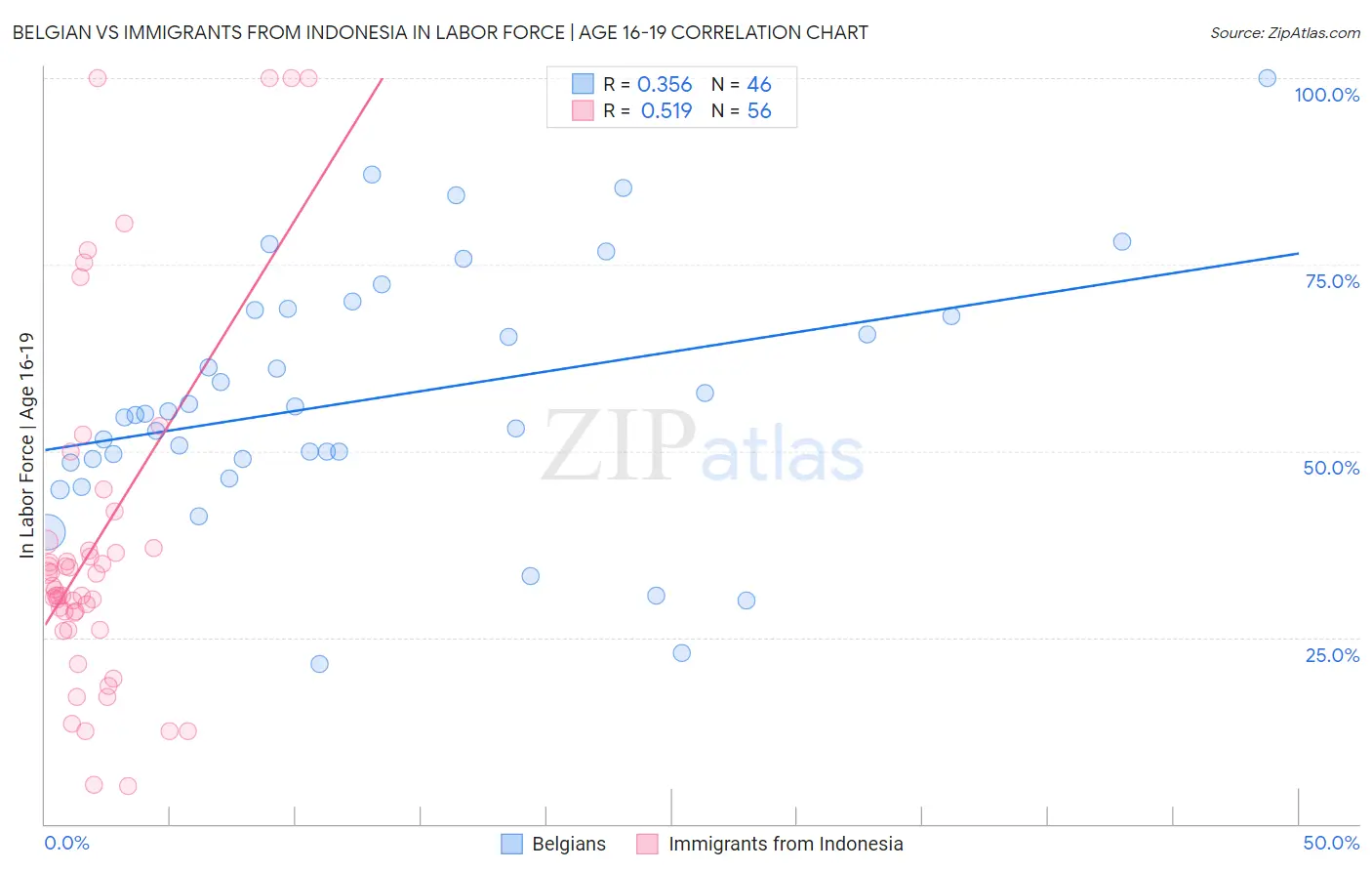 Belgian vs Immigrants from Indonesia In Labor Force | Age 16-19