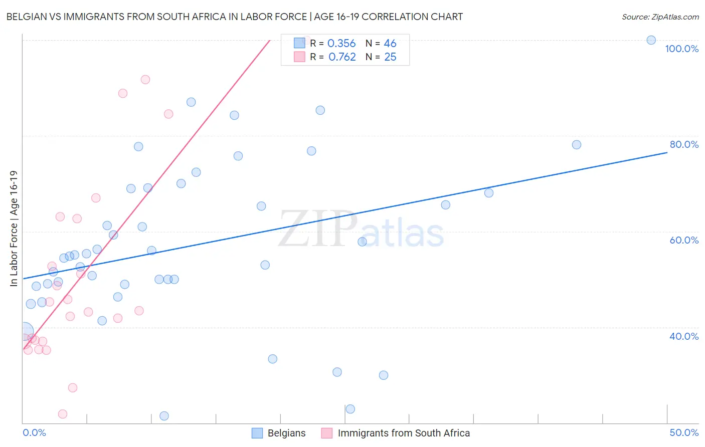 Belgian vs Immigrants from South Africa In Labor Force | Age 16-19