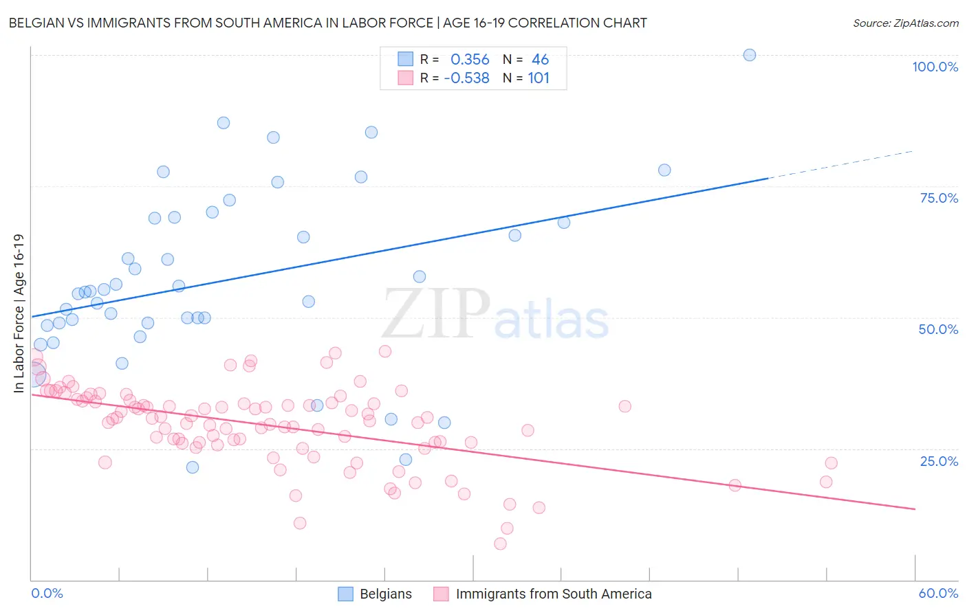 Belgian vs Immigrants from South America In Labor Force | Age 16-19