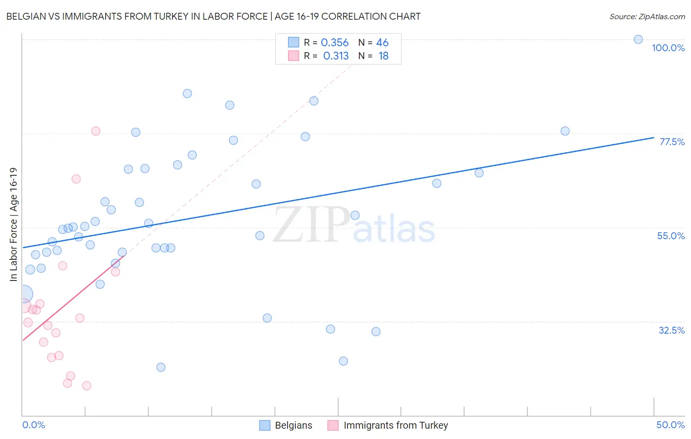 Belgian vs Immigrants from Turkey In Labor Force | Age 16-19