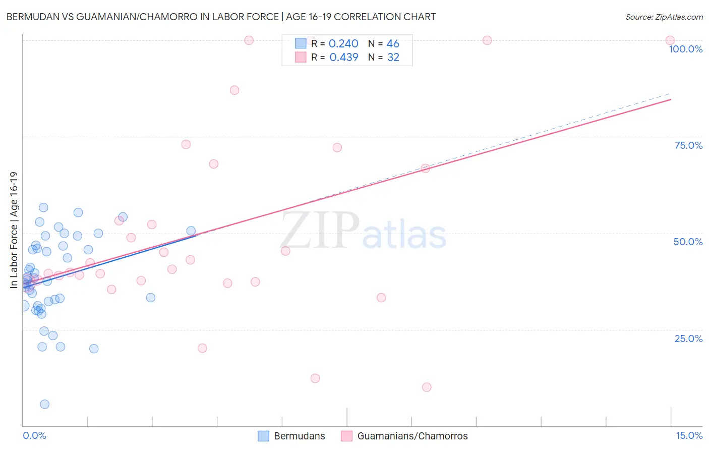 Bermudan vs Guamanian/Chamorro In Labor Force | Age 16-19