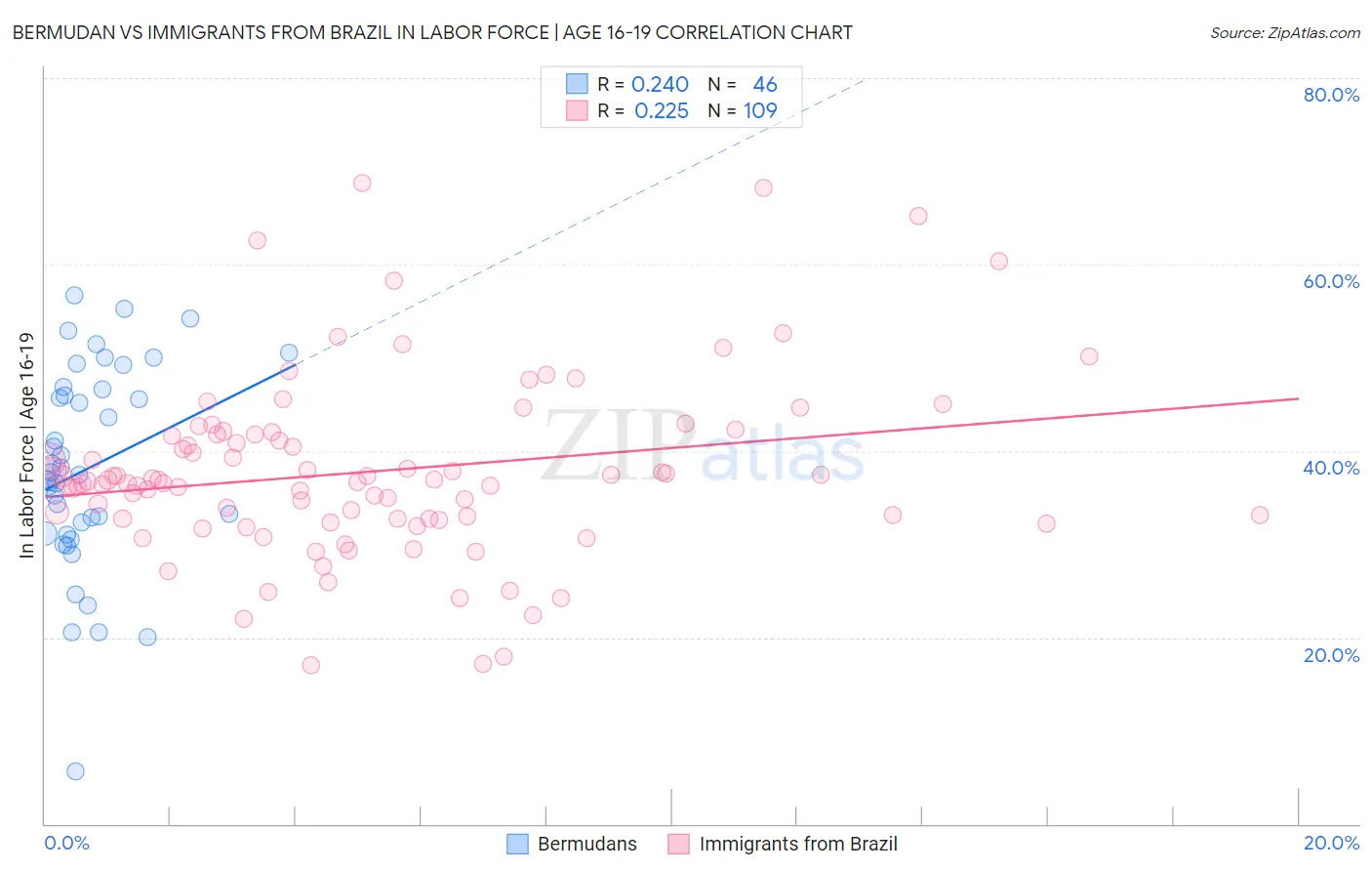 Bermudan vs Immigrants from Brazil In Labor Force | Age 16-19