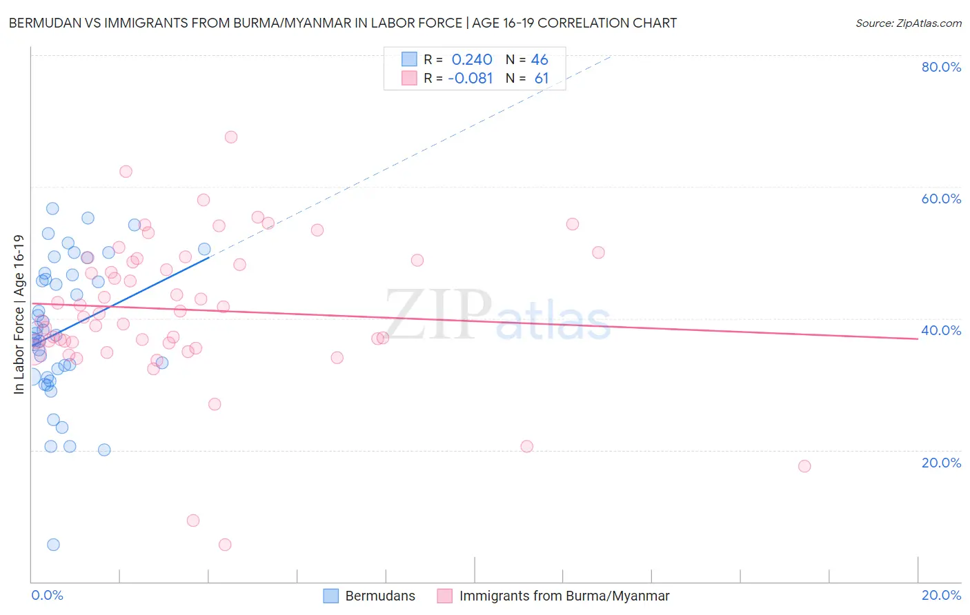 Bermudan vs Immigrants from Burma/Myanmar In Labor Force | Age 16-19