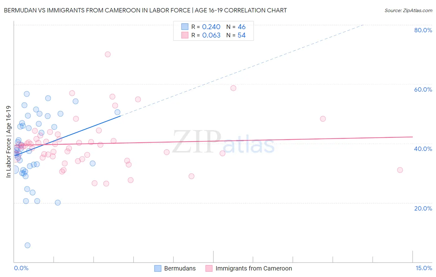 Bermudan vs Immigrants from Cameroon In Labor Force | Age 16-19