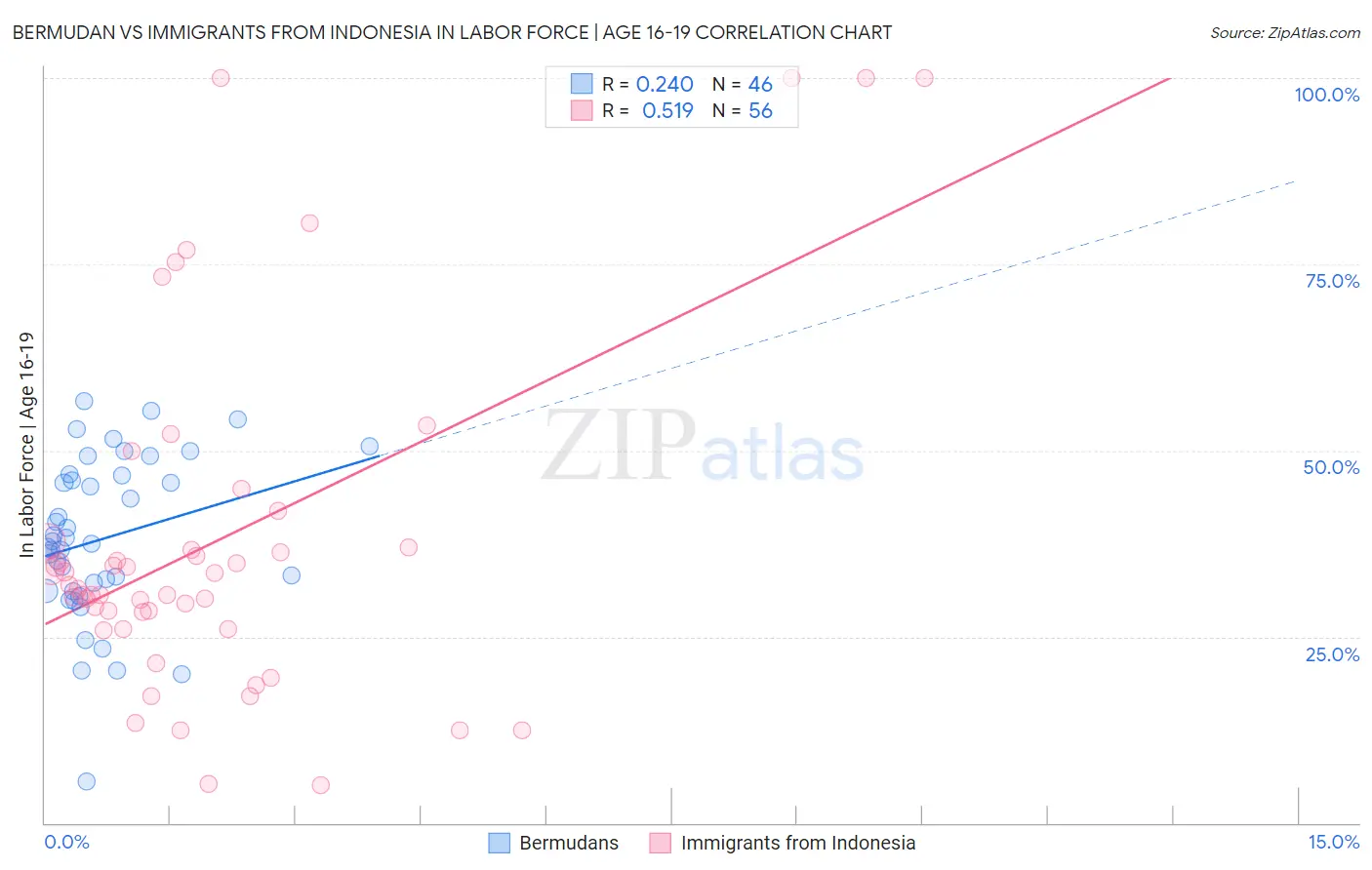 Bermudan vs Immigrants from Indonesia In Labor Force | Age 16-19