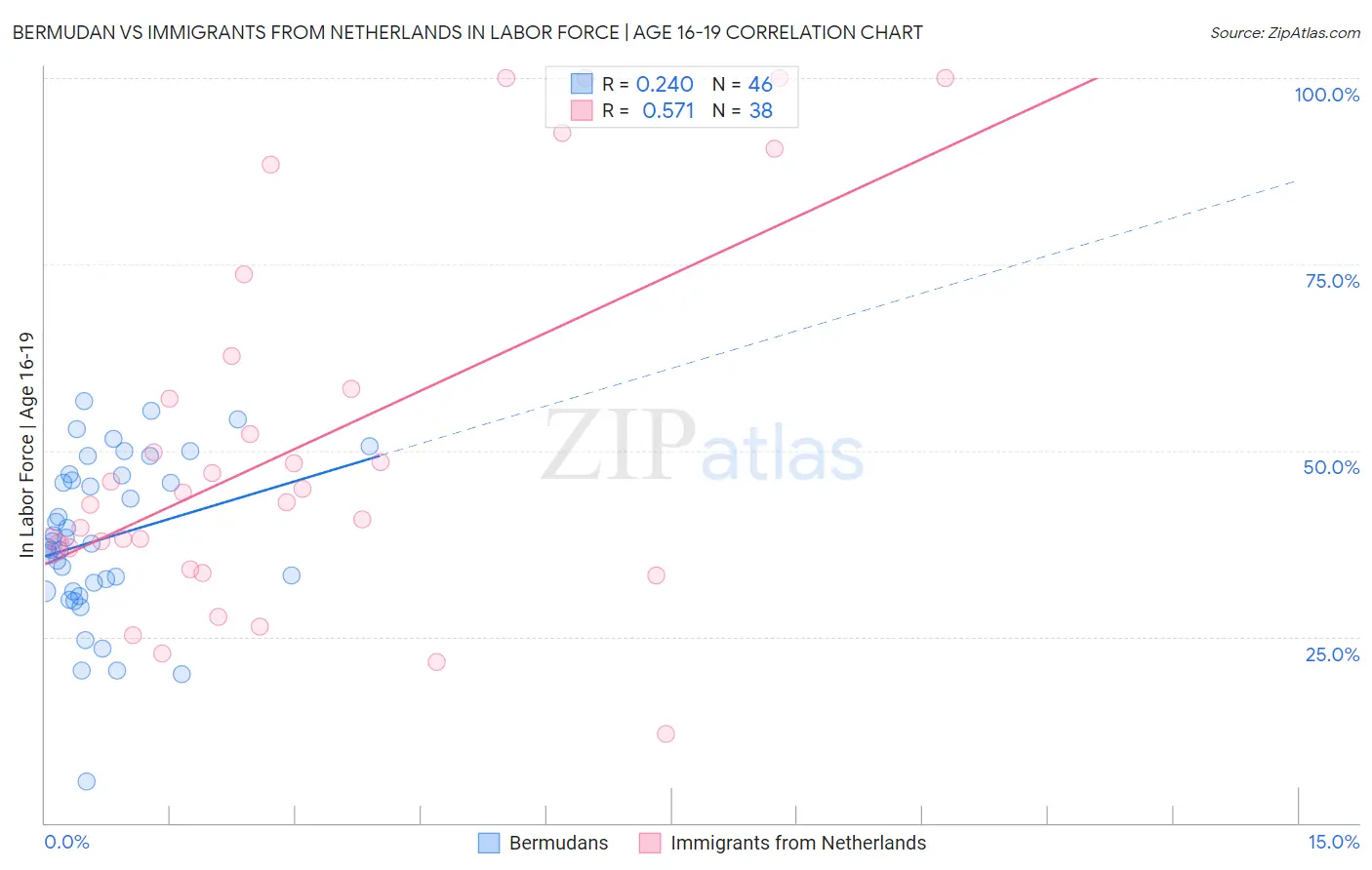Bermudan vs Immigrants from Netherlands In Labor Force | Age 16-19
