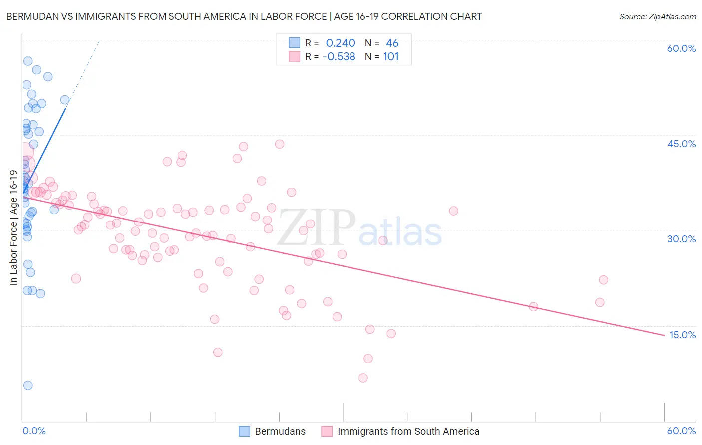 Bermudan vs Immigrants from South America In Labor Force | Age 16-19