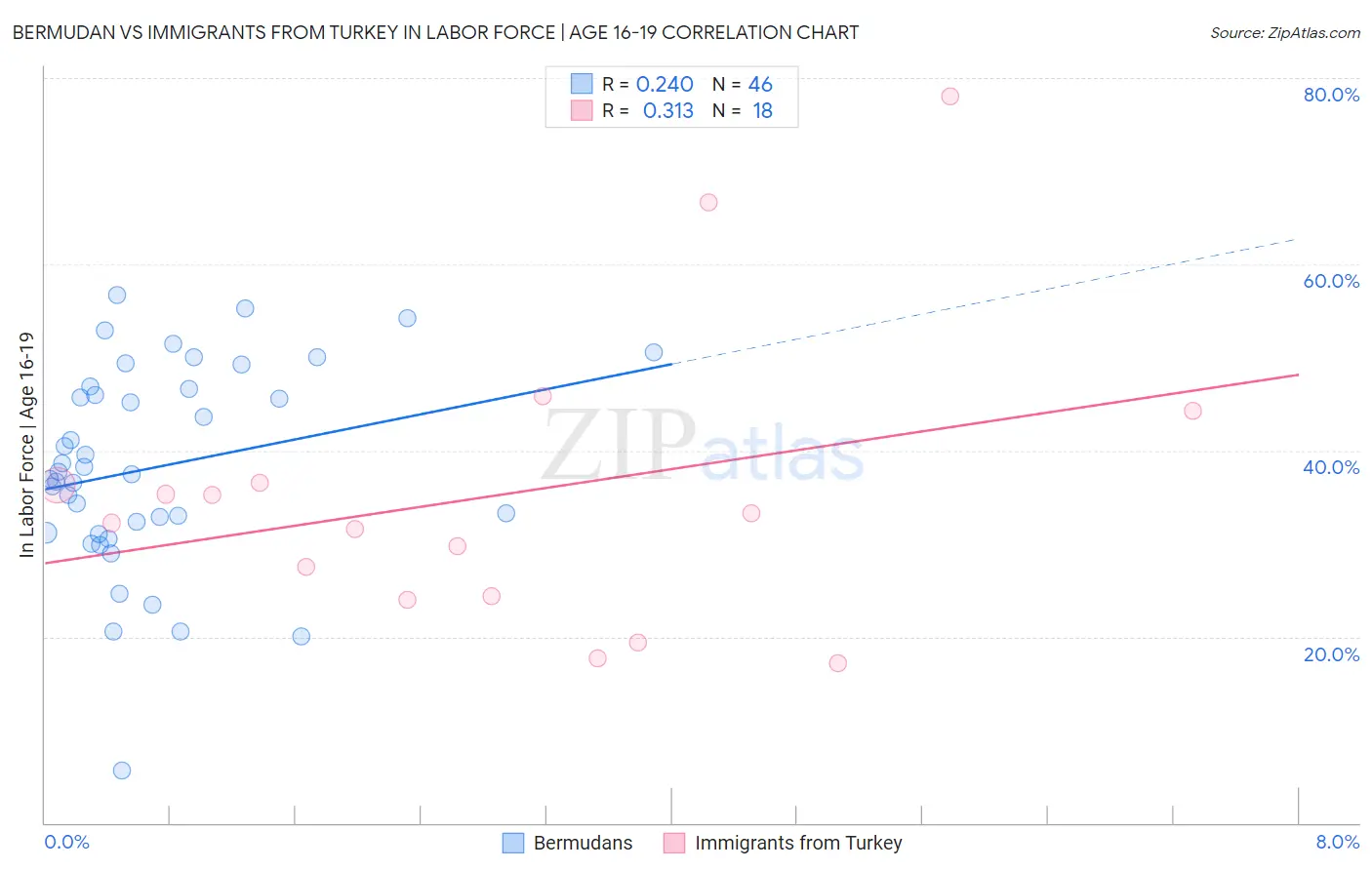 Bermudan vs Immigrants from Turkey In Labor Force | Age 16-19