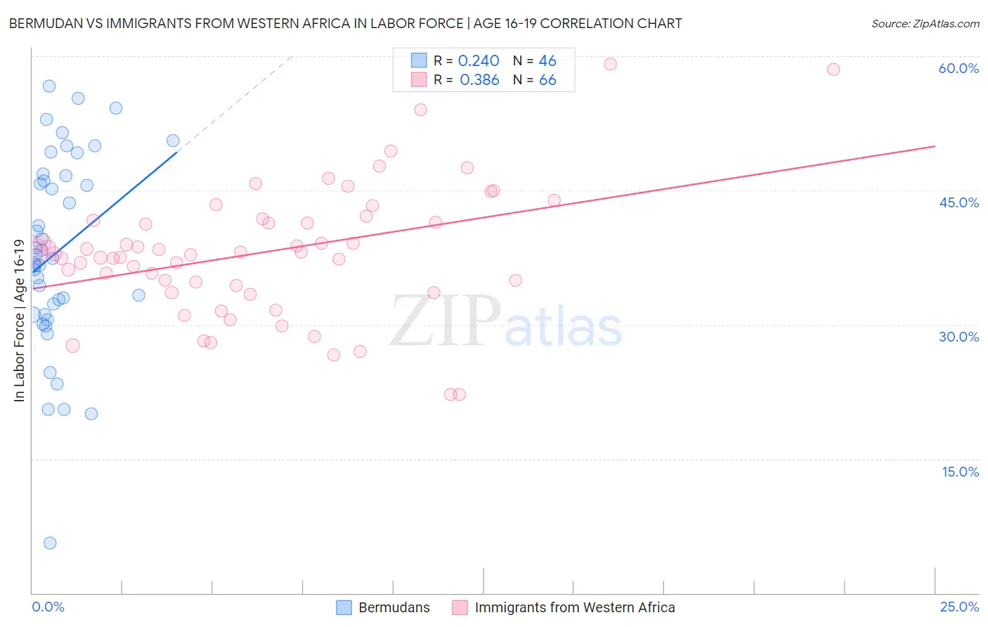 Bermudan vs Immigrants from Western Africa In Labor Force | Age 16-19