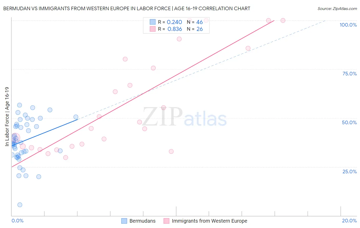 Bermudan vs Immigrants from Western Europe In Labor Force | Age 16-19