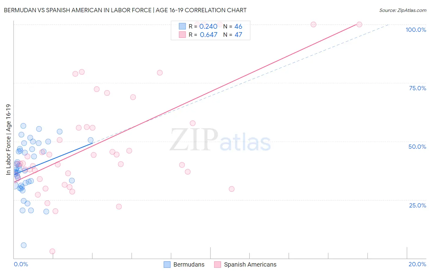 Bermudan vs Spanish American In Labor Force | Age 16-19