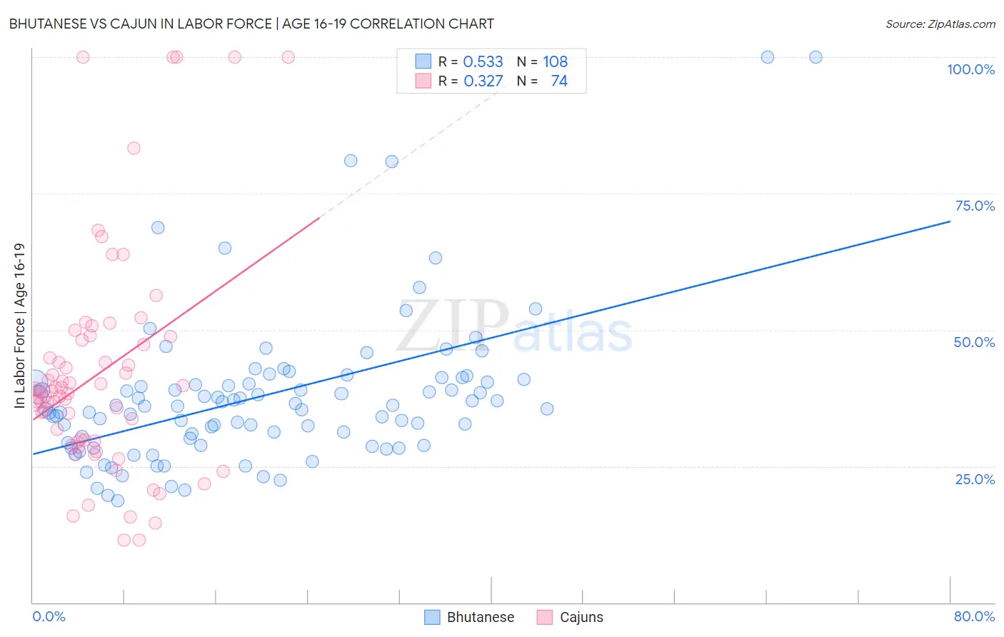 Bhutanese vs Cajun In Labor Force | Age 16-19