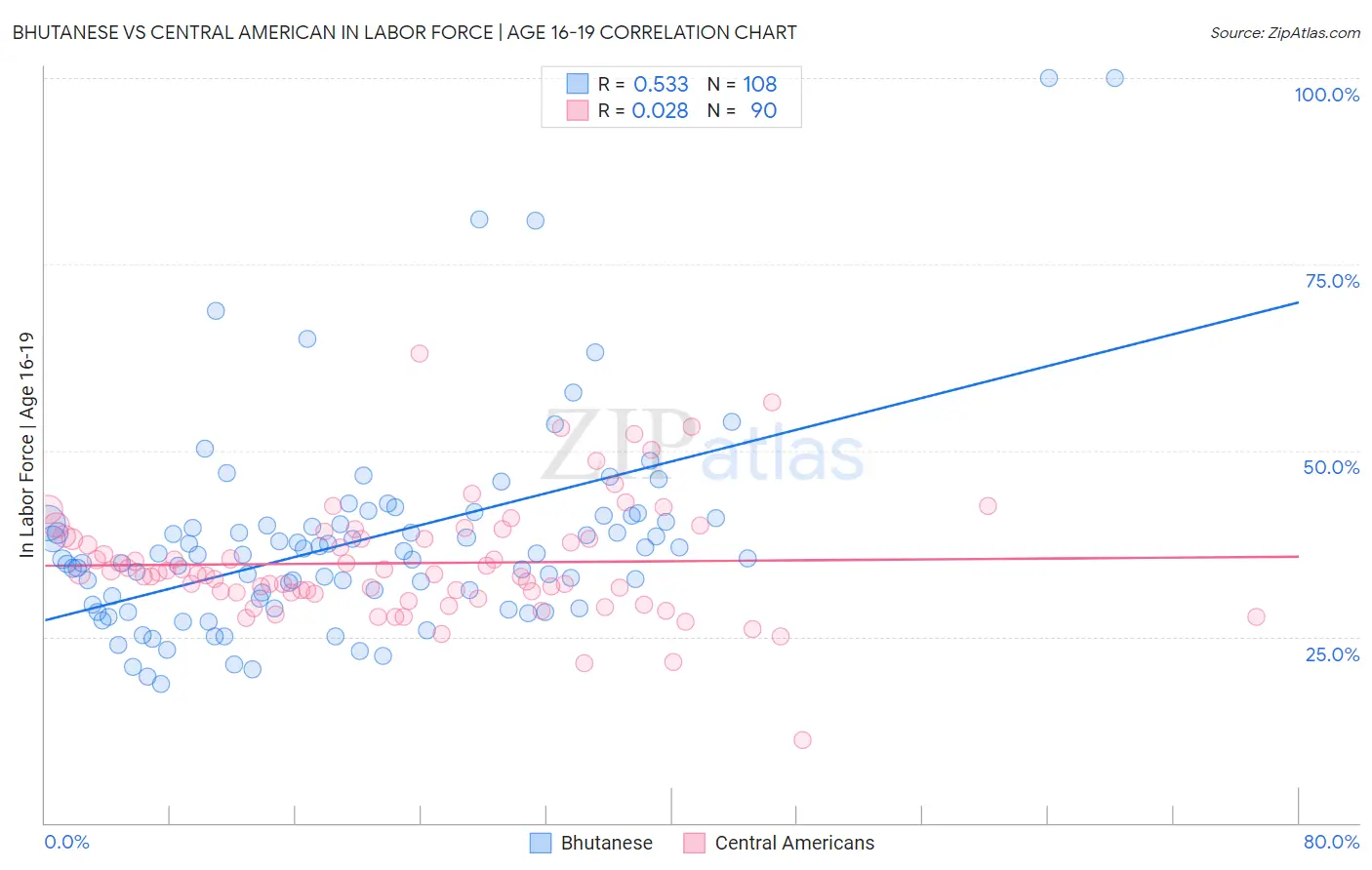 Bhutanese vs Central American In Labor Force | Age 16-19