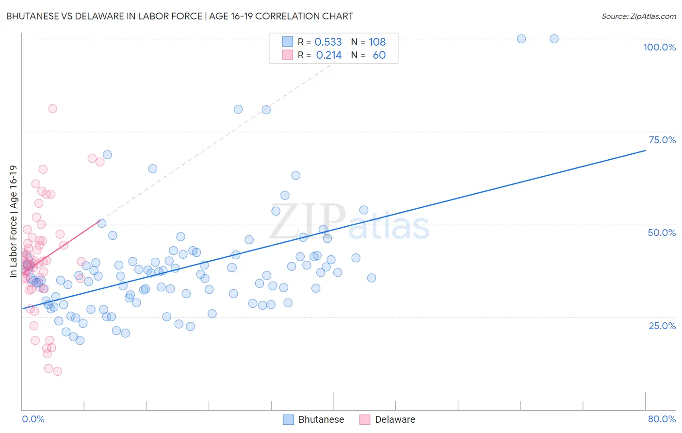 Bhutanese vs Delaware In Labor Force | Age 16-19