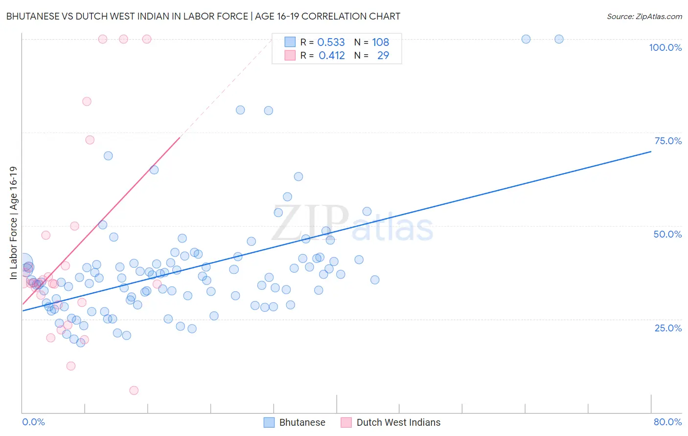 Bhutanese vs Dutch West Indian In Labor Force | Age 16-19