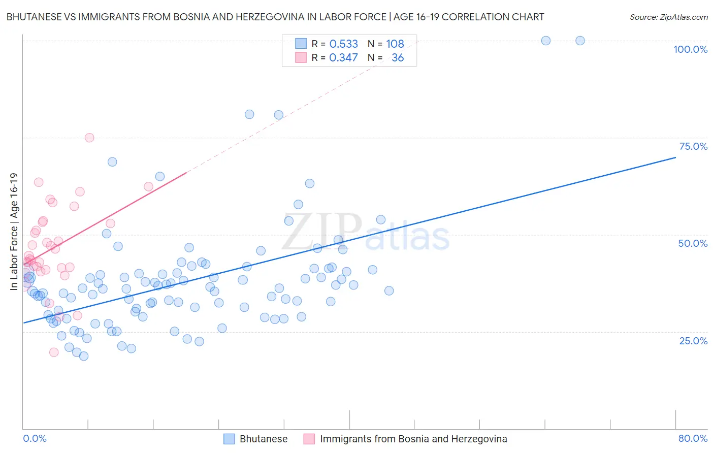 Bhutanese vs Immigrants from Bosnia and Herzegovina In Labor Force | Age 16-19