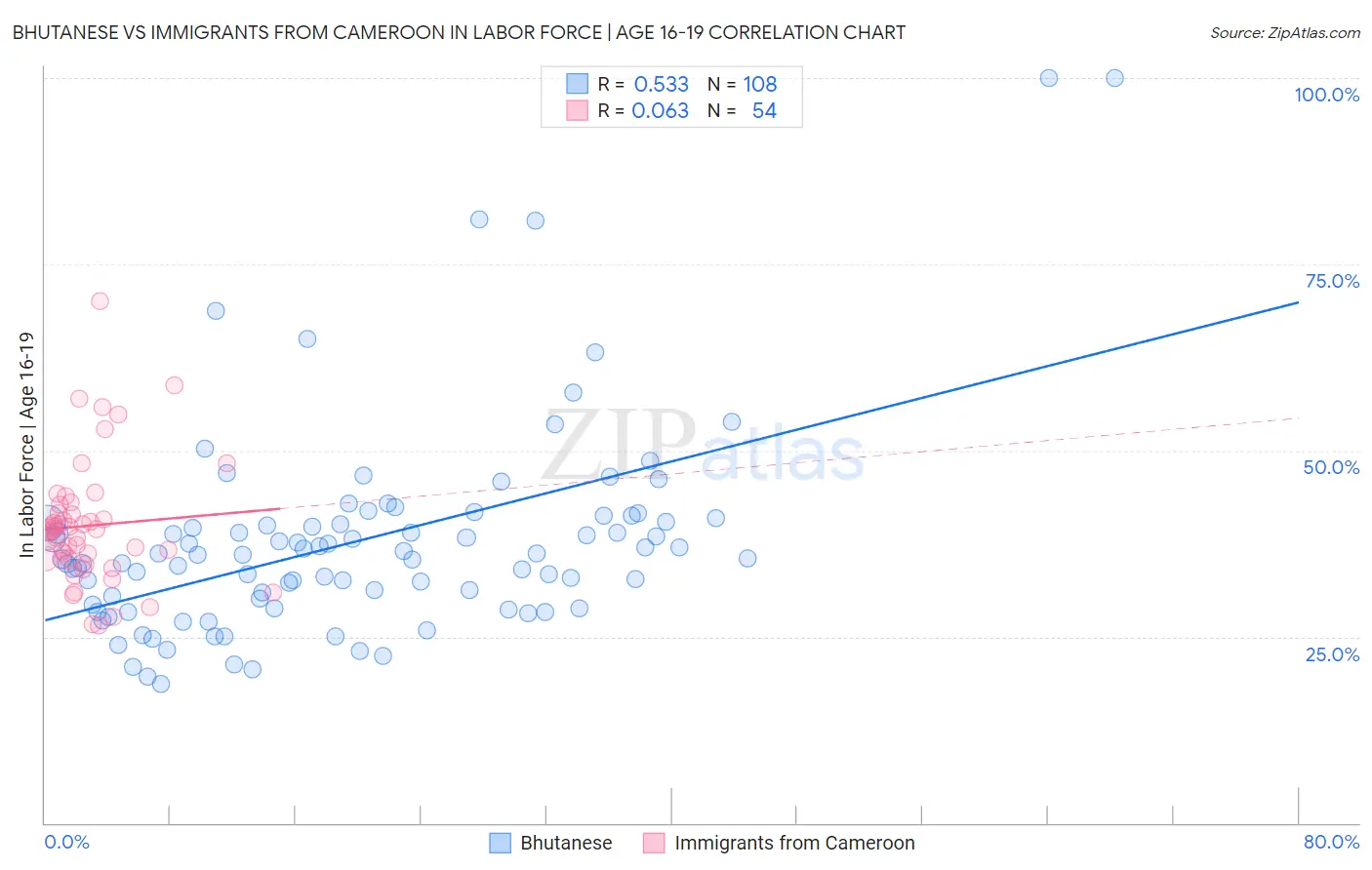Bhutanese vs Immigrants from Cameroon In Labor Force | Age 16-19