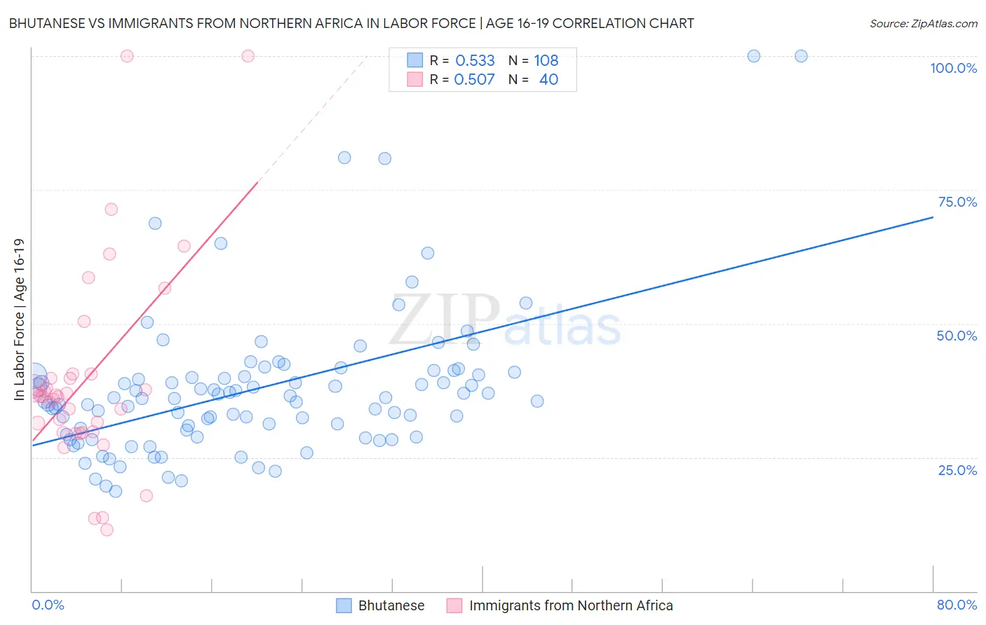 Bhutanese vs Immigrants from Northern Africa In Labor Force | Age 16-19